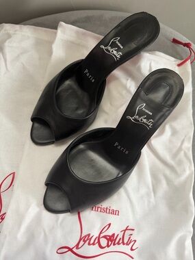 Christian Louboutin Black Leather Open-Toe Slide Mules
